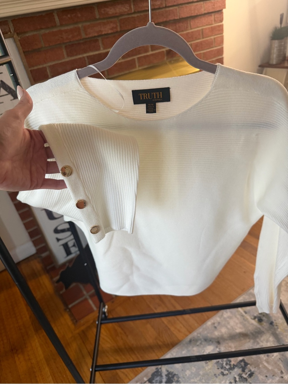 Truth - Cream Lightweight Crew Neck Sweater - Gold Button on Sleeves